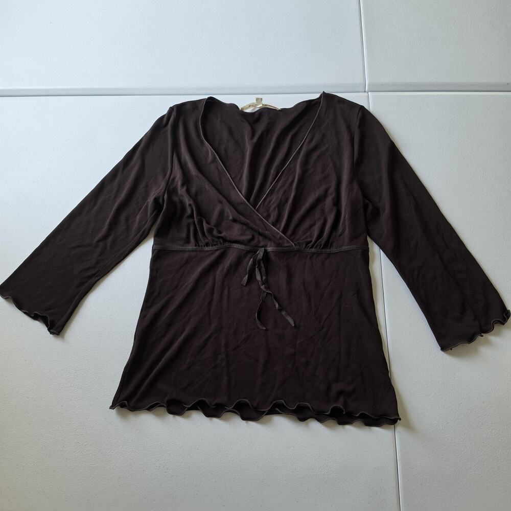 Y2K Whimsigoth Fairy Grunge Blouse Womens Medium Brown Wrap V Neck Tie Waist
